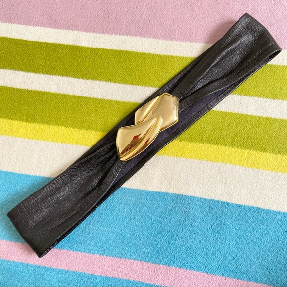 Vintage M&S St Michael Black Soft Leather Wide Belt Large Buckle Fits 10 12 31” - Picture 1 of 6